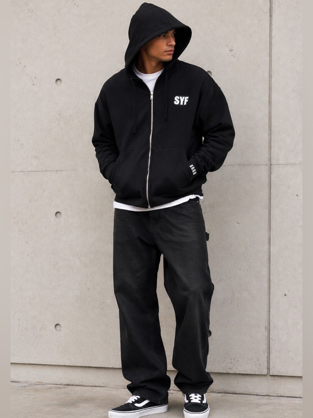 KROST Black Zip Up Hoodie XL Streetwear Minimalist Luxury Heavyweight Cotton SYF